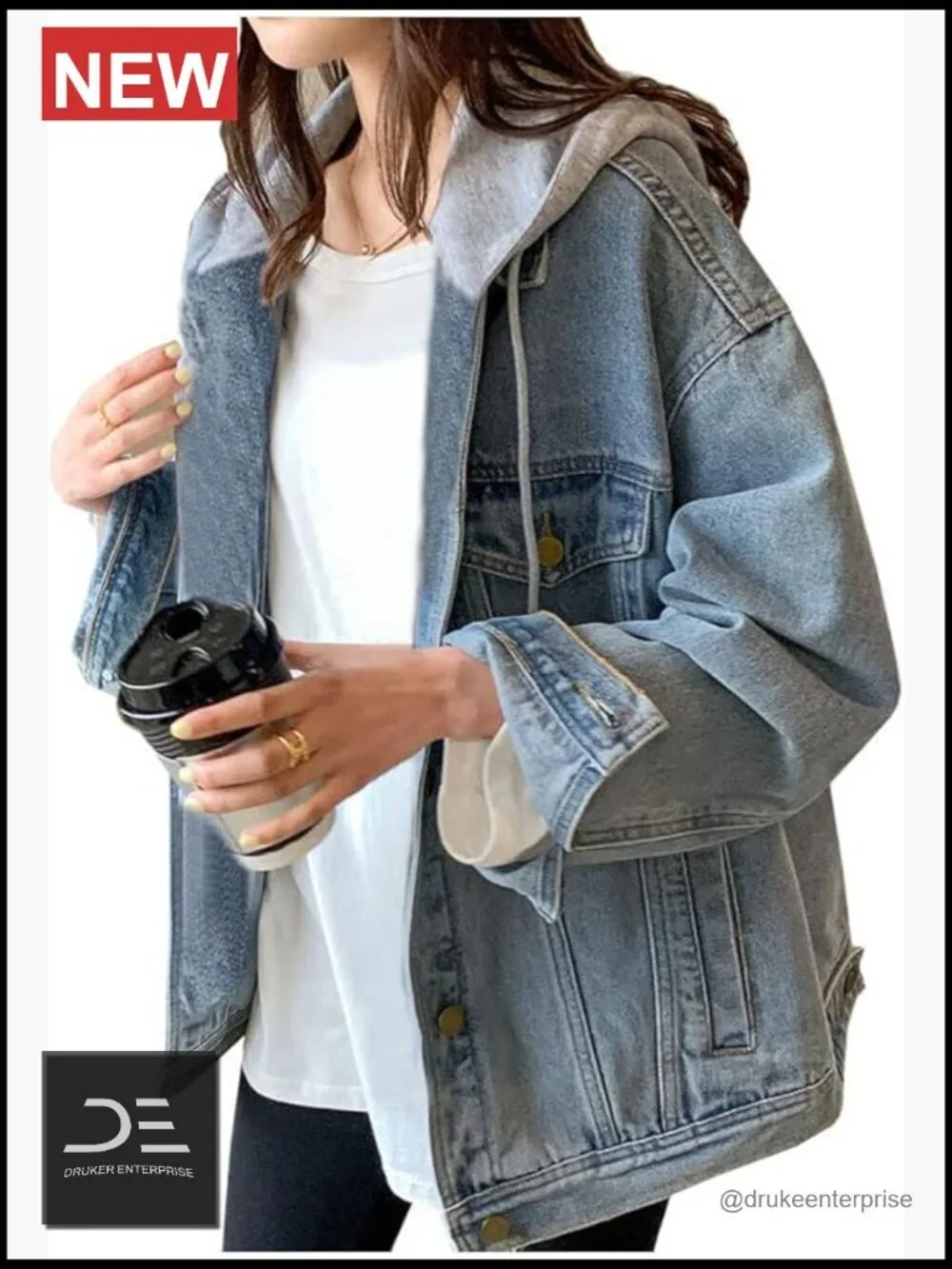 Oversized Distressed Denim Jacket with Hood